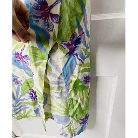 Vtg Reef Island Silk Dress L Hawaiian Floral Palm Straight Midi Side Slit Resort - Picture 3 of 13